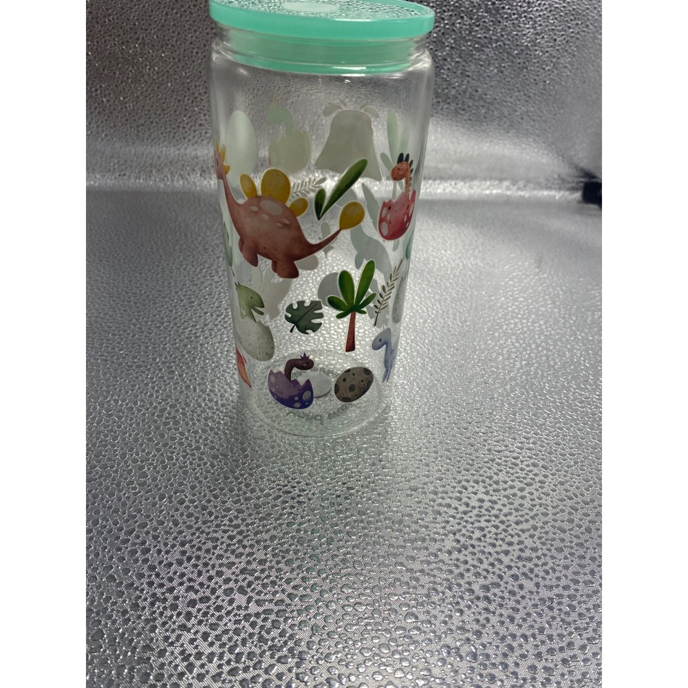 Dinosaur Glass Tumbler with Green Lid Colorful‎ Dino Print Kids Water Bottle Cup